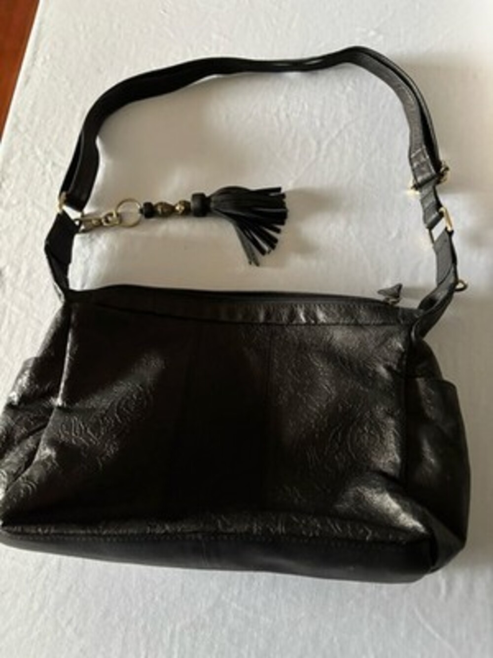 Great American leather works Black Embossed Floral Leather Shoulder bag Tassel